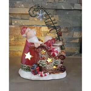 Christmas Holiday Jingle Ceramic Santa & Snowman on Sled Tea Light Candle Holder